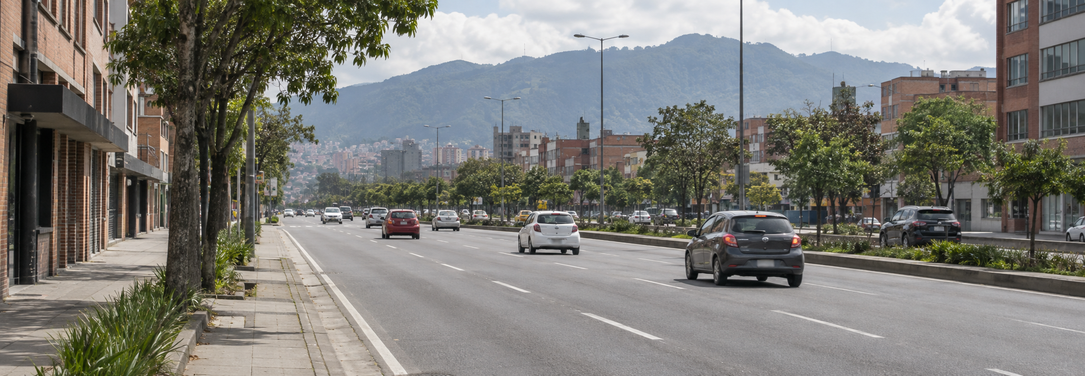 Vista ilustrativa de una avenida de Bogotá con vehículos y los cerros al fondo