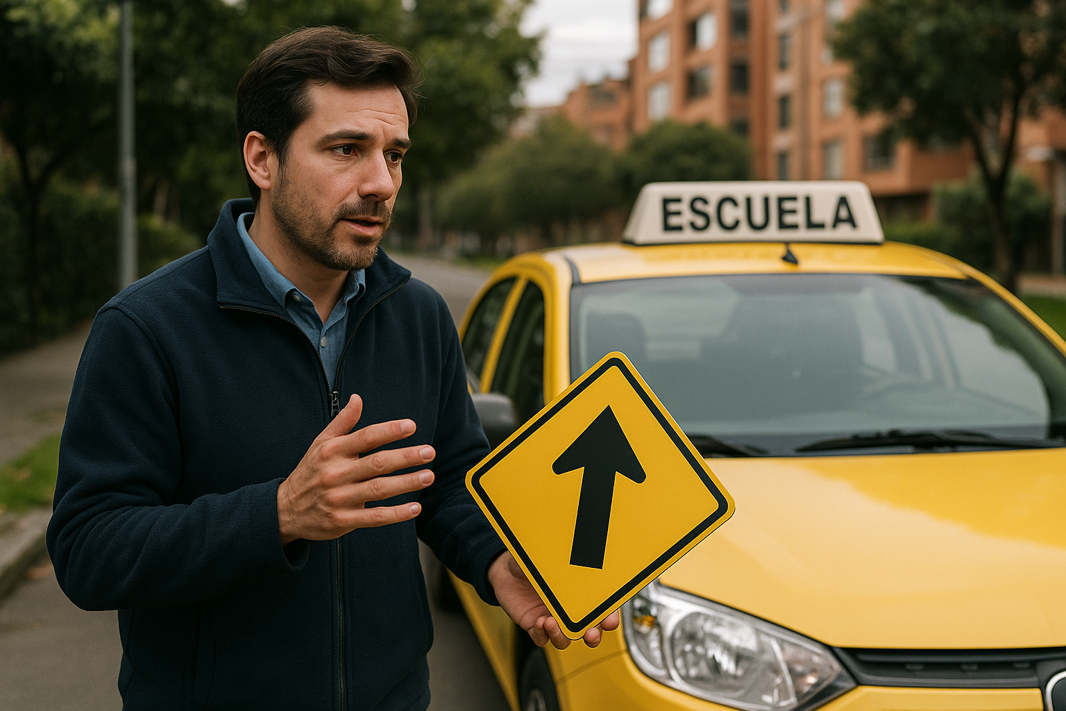 Instructor explica una señal de tránsito junto a un taxi amarillo de la academia en Bogotá