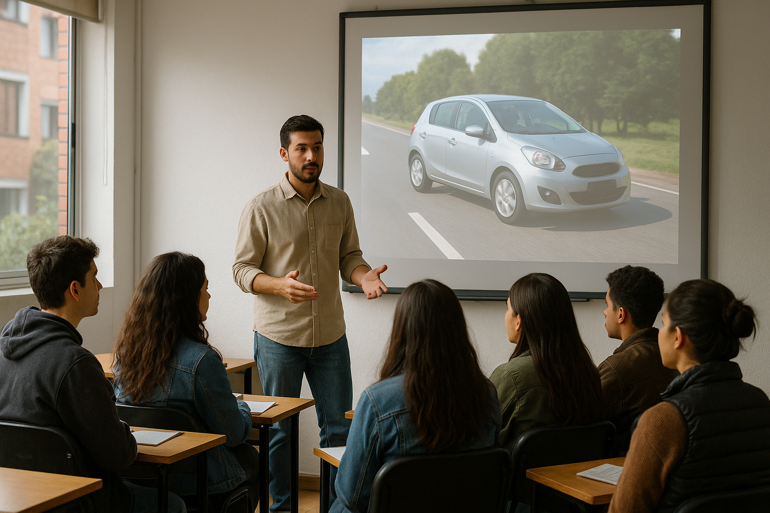 Instructor dicta una clase teórica frente a la pantalla con la imagen de un carro, ante cinco alumnos