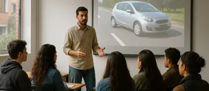 Instructor dicta una clase teórica frente a la pantalla con la imagen de un carro, ante cinco alumnos