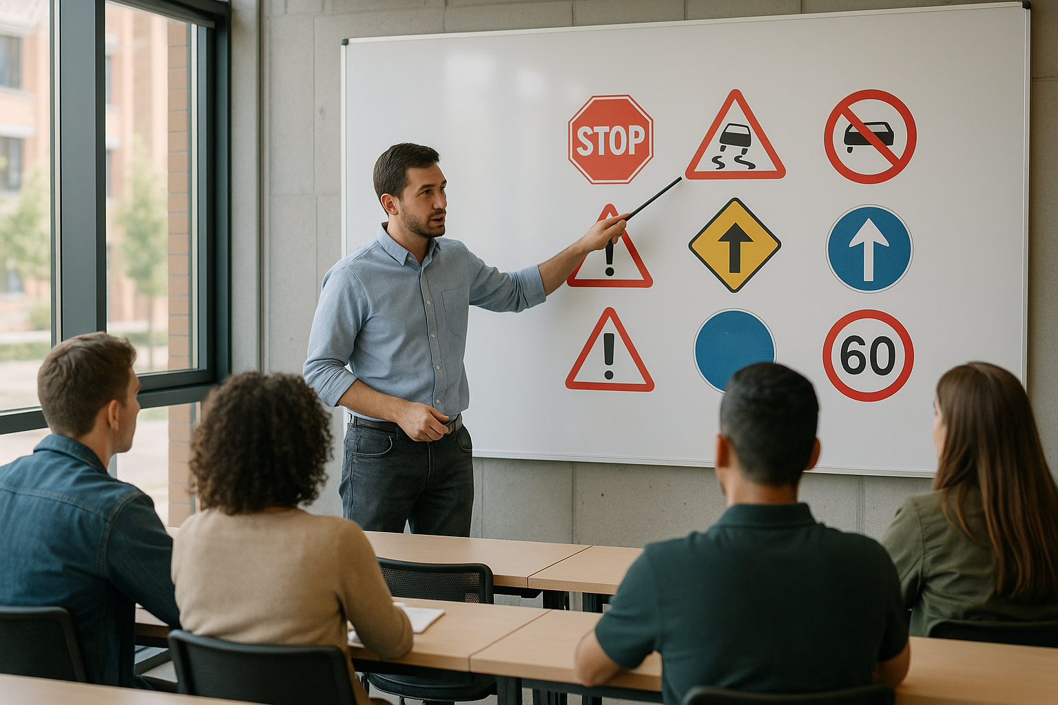 Instructor explica las señales de tránsito en el tablero durante una clase teórica