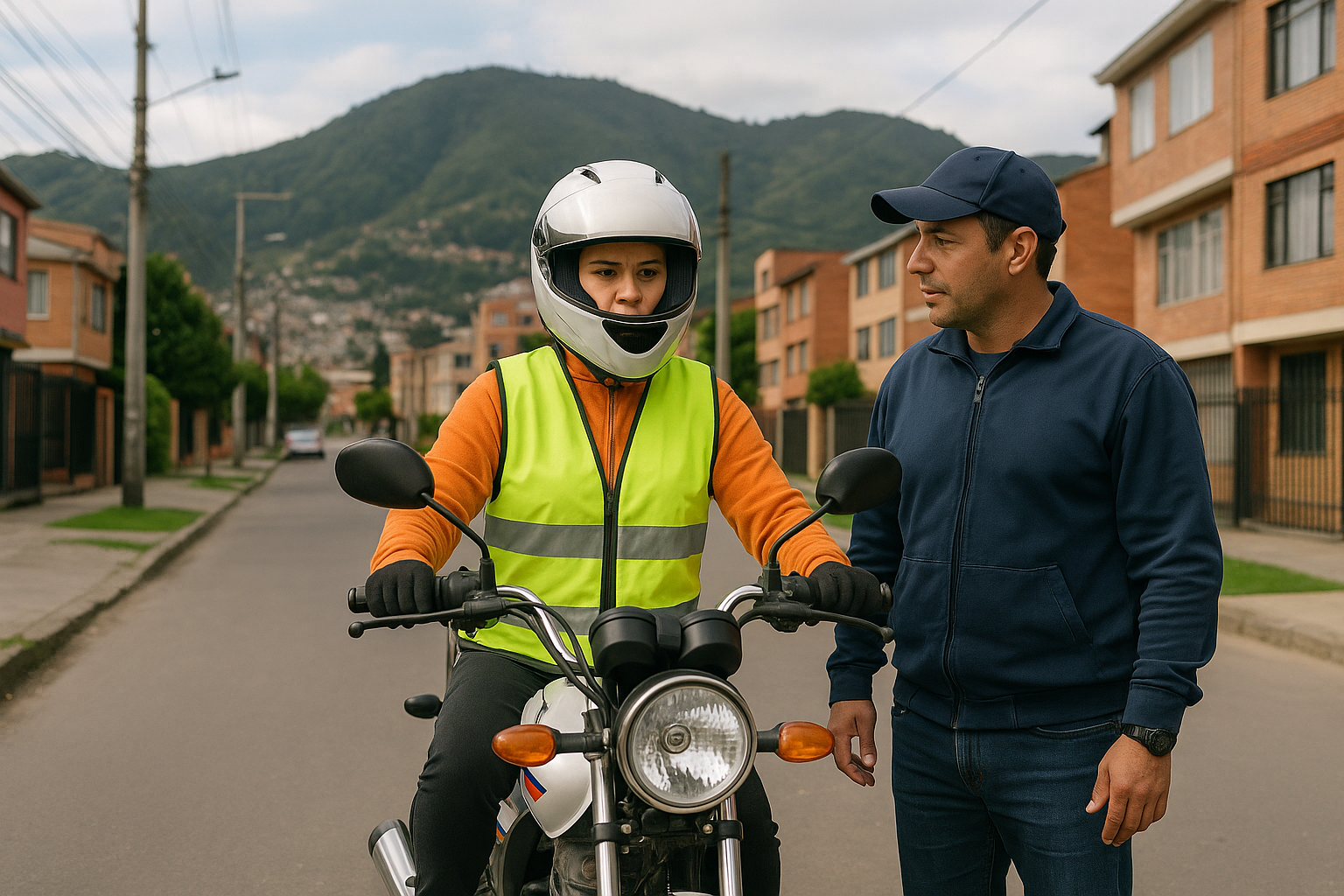 Alumna con casco y chaleco reflectivo sobre una moto junto a su instructor, en una calle de Bogotá con los cerros al fondo