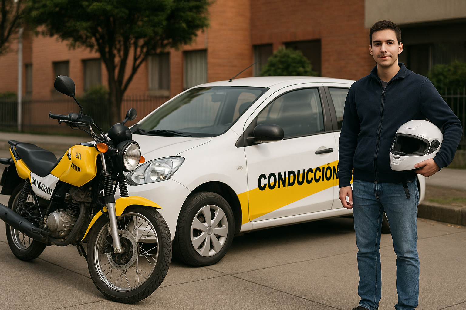 Alumno con casco en la mano junto a la moto y el carro de la academia frente a un edificio de ladrillo
