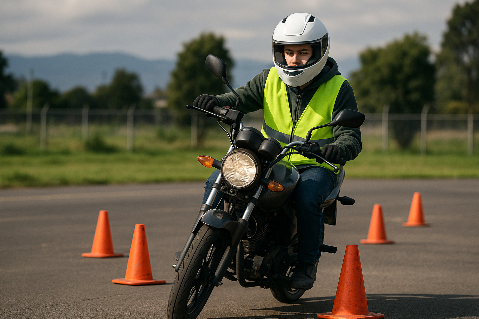 Alumno con casco y chaleco reflectivo conduce una moto entre conos en la pista de la academia