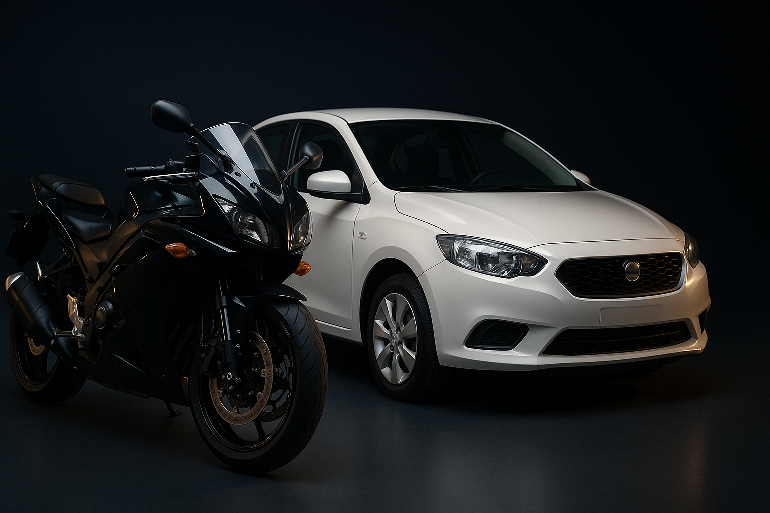 Motocicleta deportiva negra junto a un sedán blanco sobre fondo oscuro de estudio