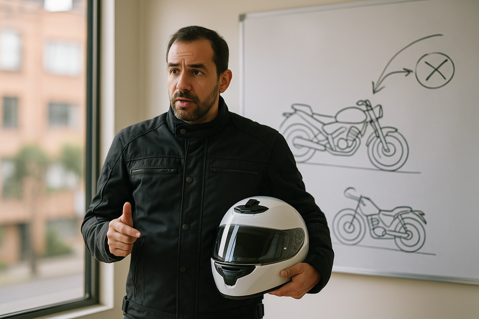 Instructor con un casco en la mano explica la teoría de moto frente a un tablero con dibujos