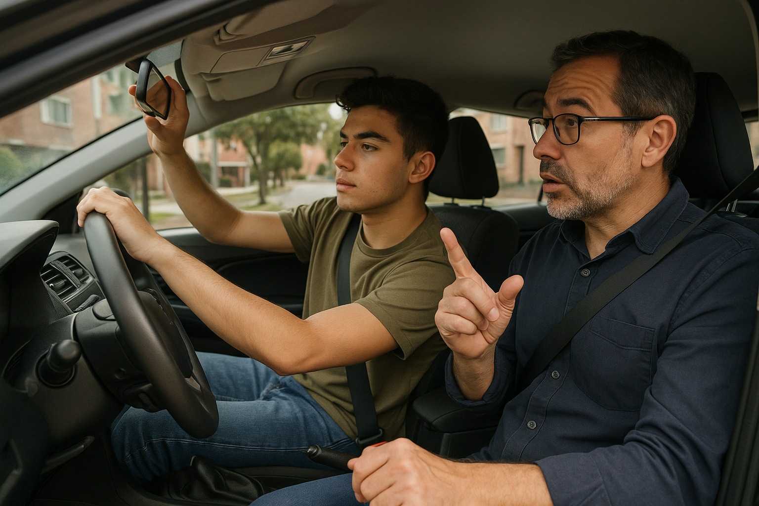 Instructor con doble comando corrige a un alumno que ajusta el retrovisor antes de arrancar