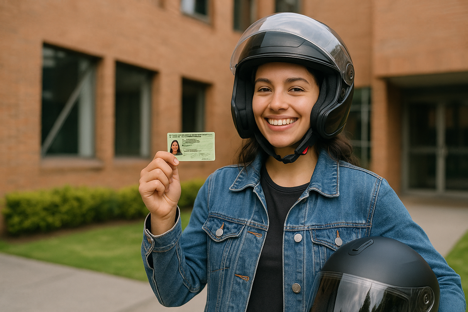 Alumna sonriente con casco muestra su nueva licencia de moto frente a la sede de la academia