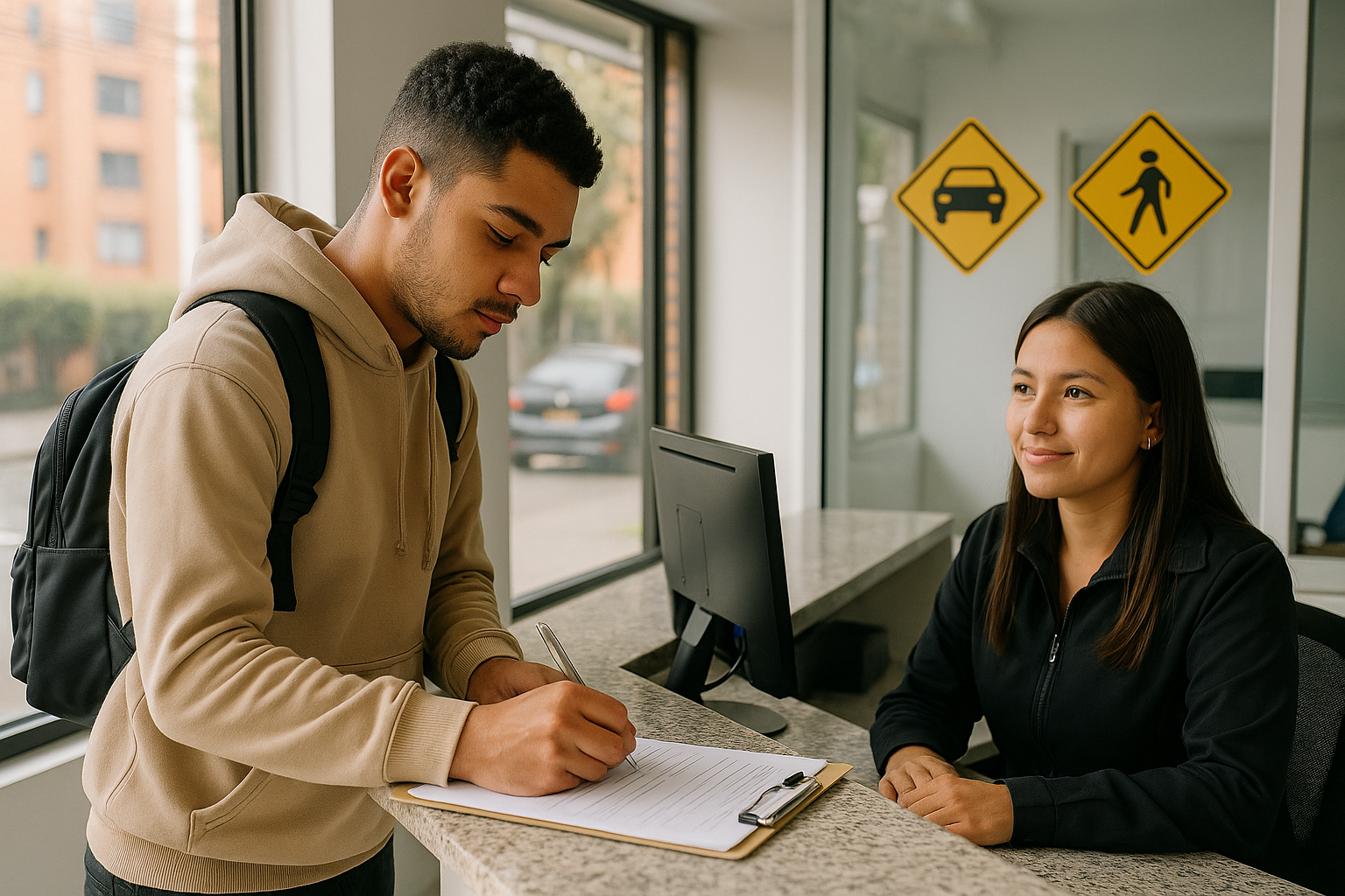 Alumno firma el formulario de matrícula en la recepción de la sede, atendido por una asesora