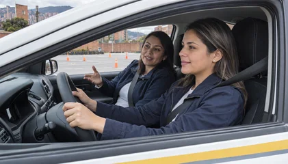 Imagen ilustrativa de una alumna al volante con su instructora en un carro detenido en una pista de Bogotá