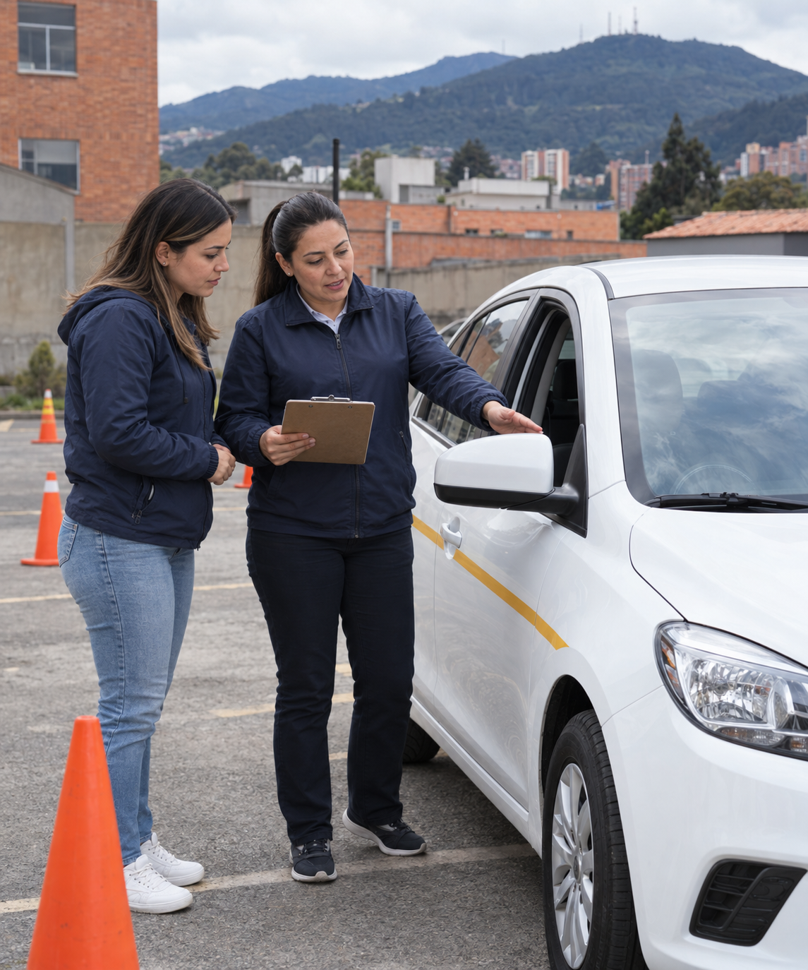 Imagen ilustrativa de una instructora y una alumna revisando un carro en un patio de prácticas de Bogotá