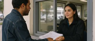 Usuario entrega documentos en una ventanilla de atención para un trámite de licencia